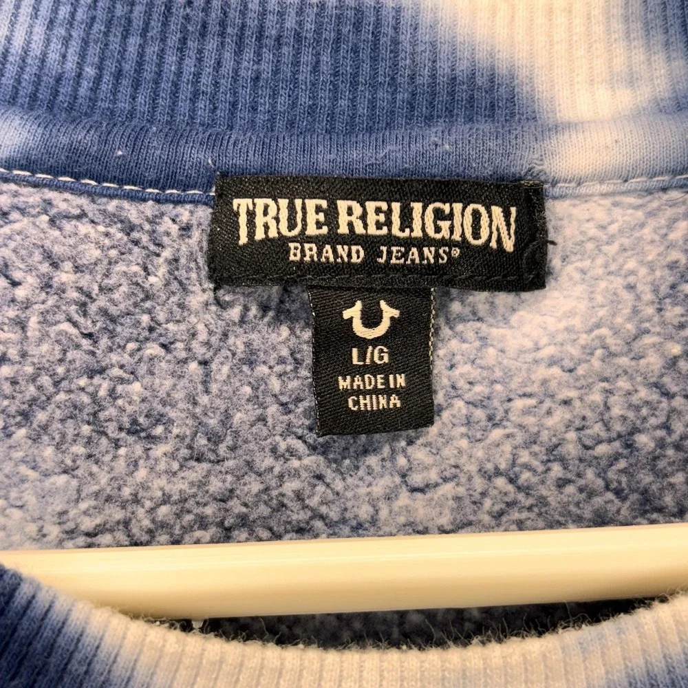 True Religion Sweatshirt Mens Large Blue Tie Dye Buddha Graphic Fleece‎ Pullover